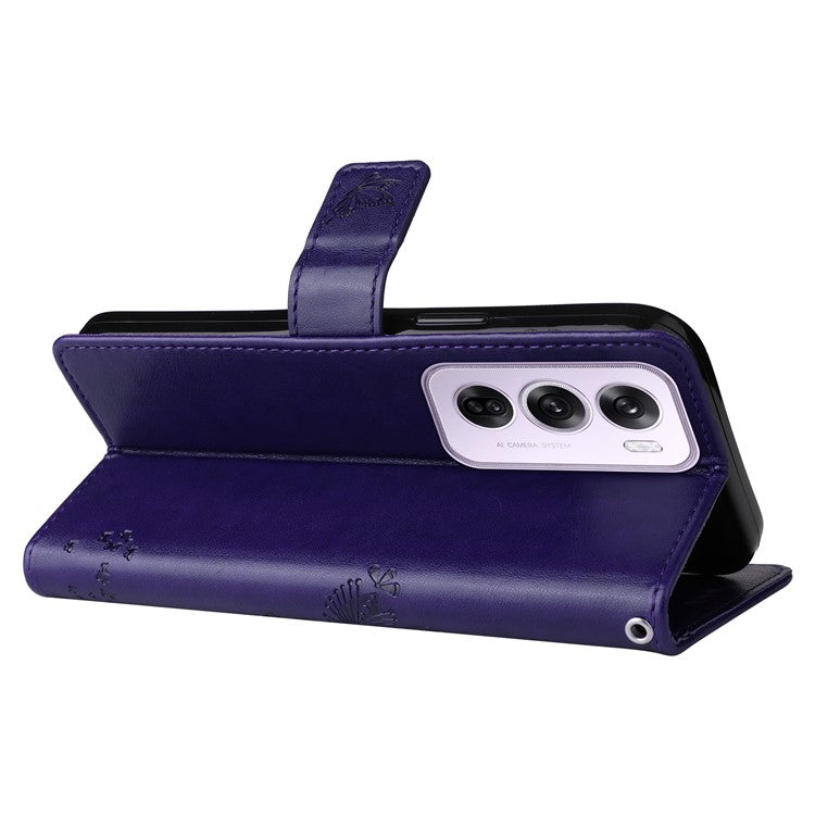 KT Imprinting Flower Series-3 For Oppo Reno12 5G (Global) Phone Case Imprinted Leather Wallet Cover - Purple