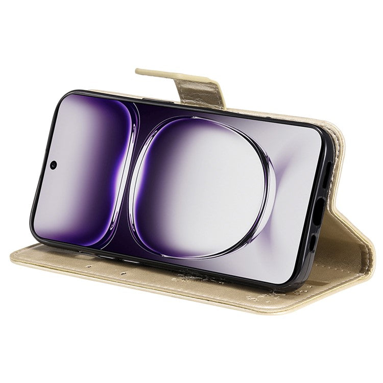 KT Imprinting Flower Series-3 For Oppo Reno12 5G (Global) Phone Case Imprinted Leather Wallet Cover - Gold