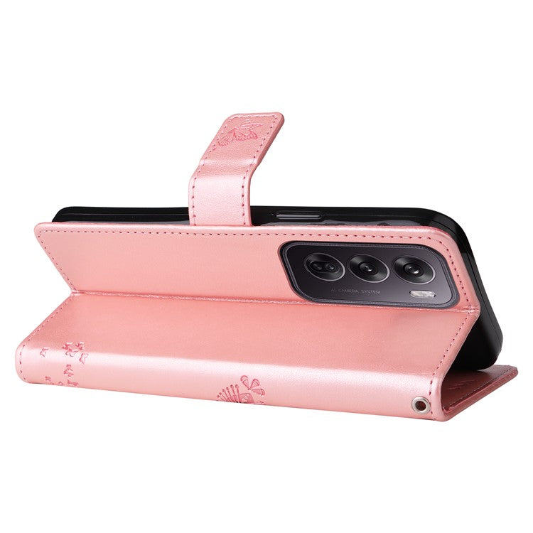 KT Imprinting Flower Series-3 For Oppo Reno12 Pro 5G (Global) / (China) Case Imprinted Leather Wallet Stand Phone Cover - Rose Gold