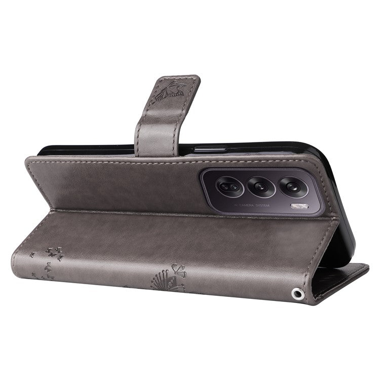 KT Imprinting Flower Series-3 For Oppo Reno12 Pro 5G (Global) / (China) Case Imprinted Leather Wallet Stand Phone Cover - Grey