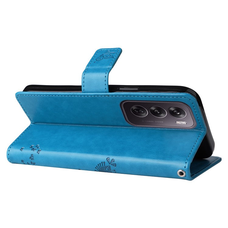KT Imprinting Flower Series-3 For Oppo Reno12 Pro 5G (Global) / (China) Case Imprinted Leather Wallet Stand Phone Cover - Blue