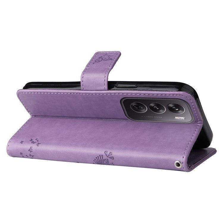 KT Imprinting Flower Series-3 For Oppo Reno12 Pro 5G (Global) / (China) Case Imprinted Leather Wallet Stand Phone Cover - Light Purple