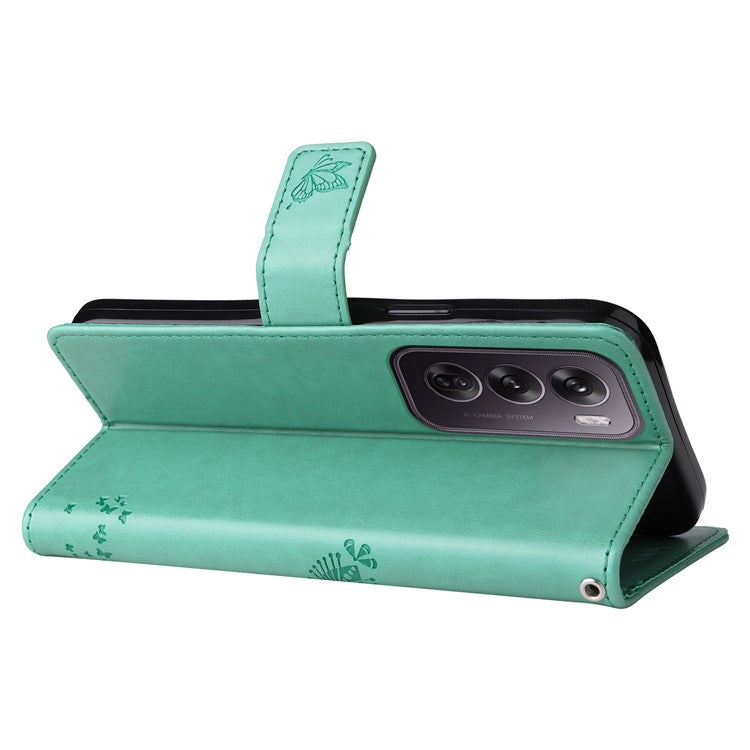 KT Imprinting Flower Series-3 For Oppo Reno12 Pro 5G (Global) / (China) Case Imprinted Leather Wallet Stand Phone Cover - Green