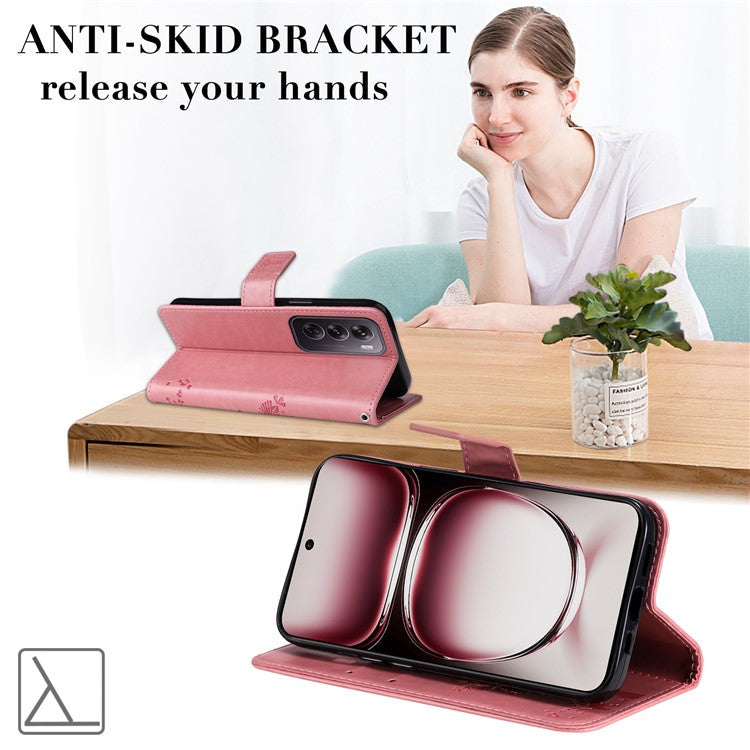 KT Imprinting Flower Series-3 For Oppo Reno12 Pro 5G (Global) / (China) Case Imprinted Leather Wallet Stand Phone Cover - Pink