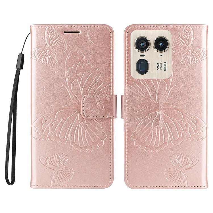 KT Imprinting Flower Series-2 For Motorola Moto X50 Ultra 5G / Edge 50 Ultra 5G Case PU Leather Butterfly Imprint Phone Cover - Rose Gold