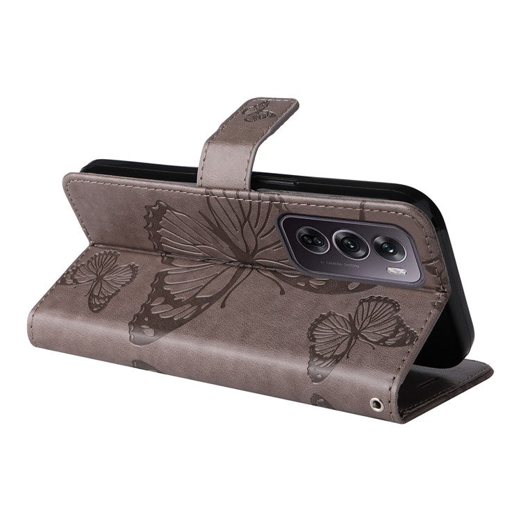 KT Imprinting Flower Series-2 For Oppo Reno12 Pro 5G (Global) / (China) Case Leather Wallet Butterfly Imprint Phone Cover - Grey