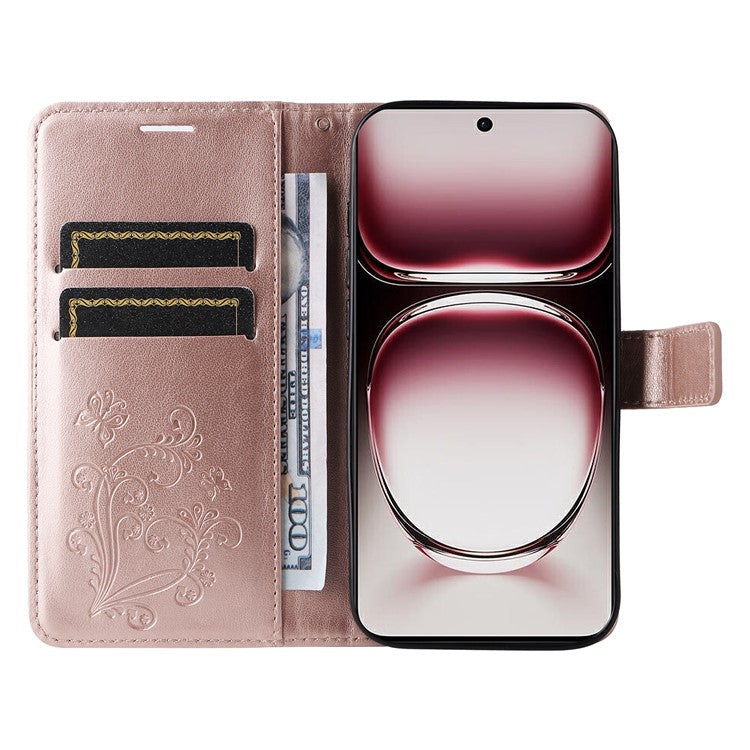 KT Imprinting Flower Series-2 For Oppo Reno12 Pro 5G (Global) / (China) Case Leather Wallet Butterfly Imprint Phone Cover - Rose Gold