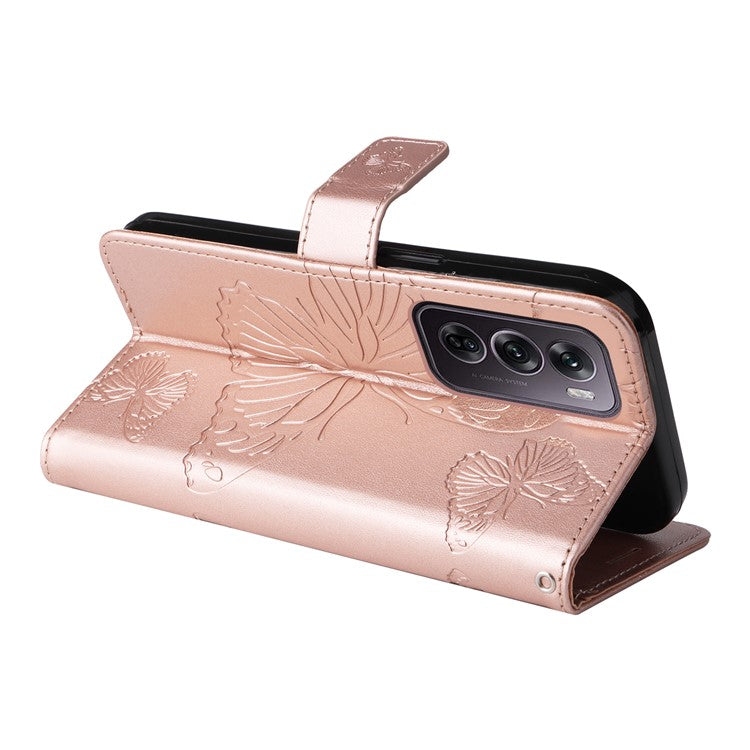 KT Imprinting Flower Series-2 For Oppo Reno12 Pro 5G (Global) / (China) Case Leather Wallet Butterfly Imprint Phone Cover - Rose Gold