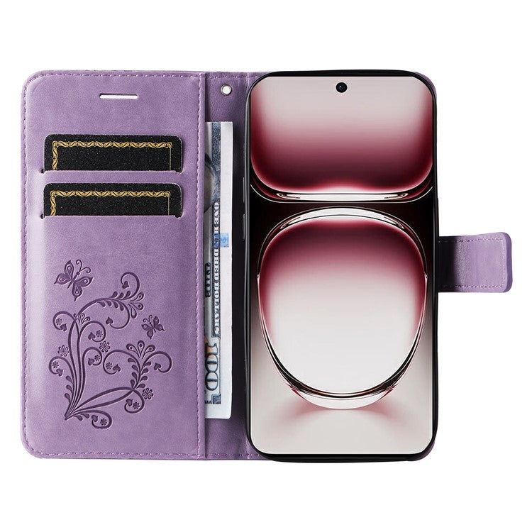 KT Imprinting Flower Series-2 For Oppo Reno12 Pro 5G (Global) / (China) Case Leather Wallet Butterfly Imprint Phone Cover - Light Purple