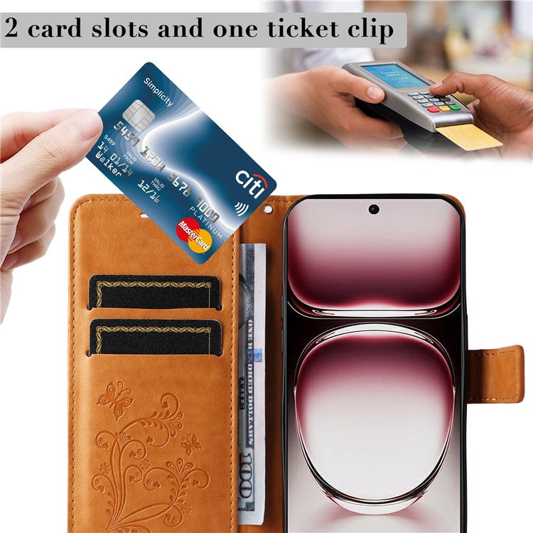 KT Imprinting Flower Series-2 For Oppo Reno12 Pro 5G (Global) / (China) Case Leather Wallet Butterfly Imprint Phone Cover - Yellow