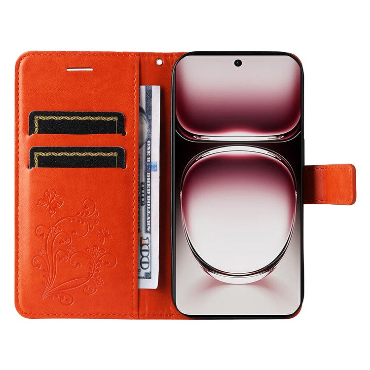 KT Imprinting Flower Series-2 For Oppo Reno12 Pro 5G (Global) / (China) Case Leather Wallet Butterfly Imprint Phone Cover - Orange