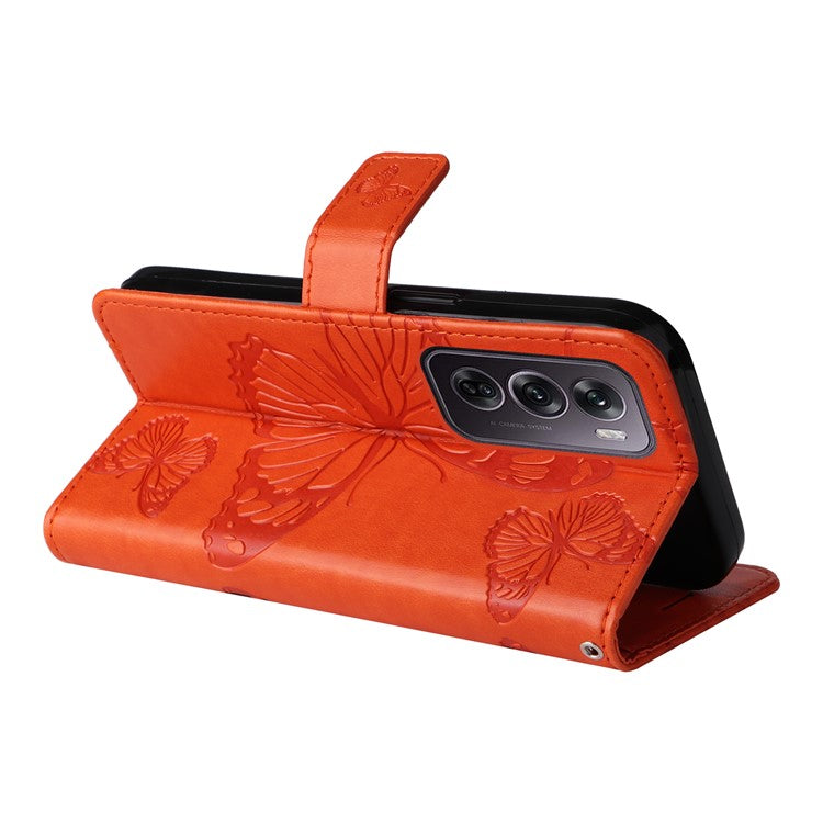KT Imprinting Flower Series-2 For Oppo Reno12 Pro 5G (Global) / (China) Case Leather Wallet Butterfly Imprint Phone Cover - Orange