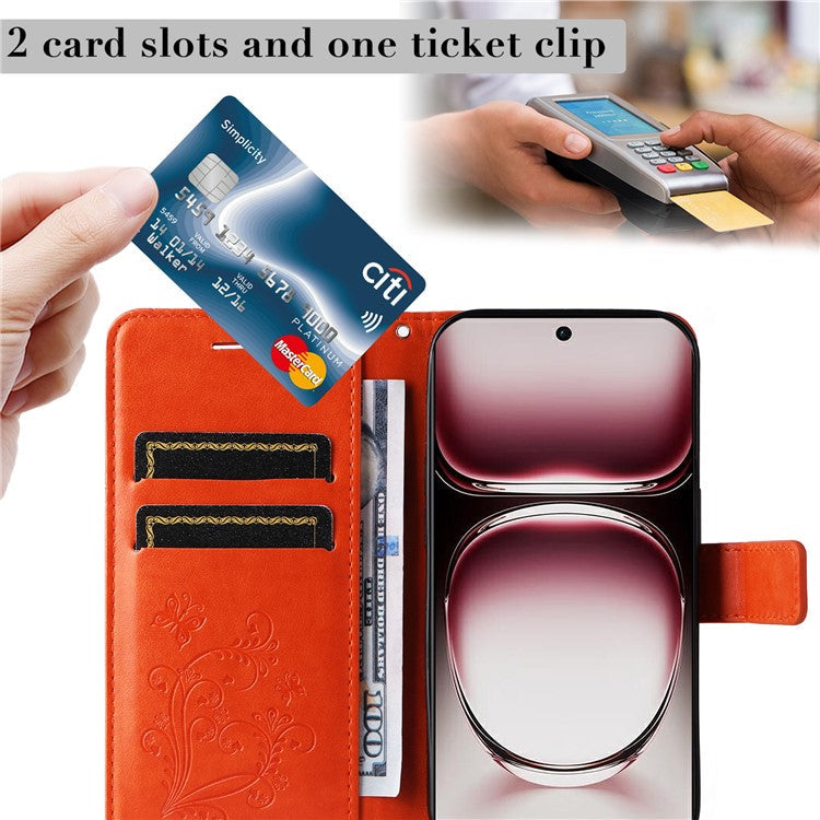 KT Imprinting Flower Series-2 For Oppo Reno12 Pro 5G (Global) / (China) Case Leather Wallet Butterfly Imprint Phone Cover - Orange