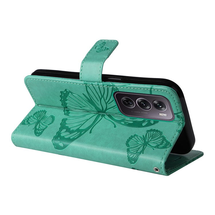 KT Imprinting Flower Series-2 For Oppo Reno12 Pro 5G (Global) / (China) Case Leather Wallet Butterfly Imprint Phone Cover - Green