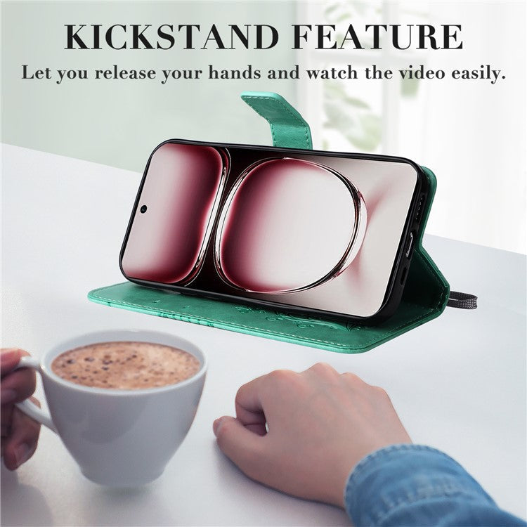 KT Imprinting Flower Series-2 For Oppo Reno12 Pro 5G (Global) / (China) Case Leather Wallet Butterfly Imprint Phone Cover - Green