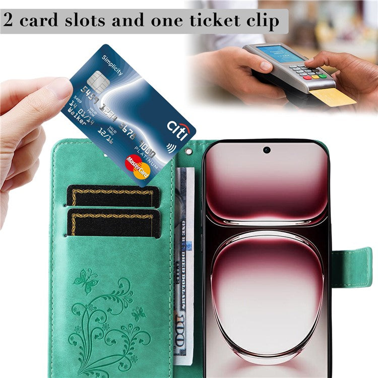 KT Imprinting Flower Series-2 For Oppo Reno12 Pro 5G (Global) / (China) Case Leather Wallet Butterfly Imprint Phone Cover - Green