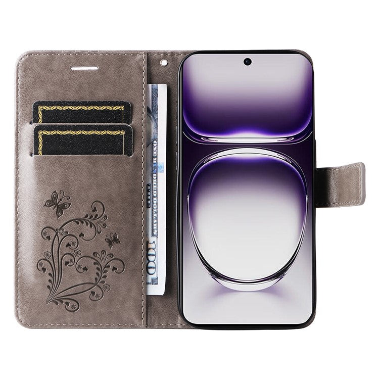 KT Imprinting Flower Series-2 For Oppo Reno12 5G (Global) Phone Case Butterfly Imprint Leather Wallet Cover - Grey