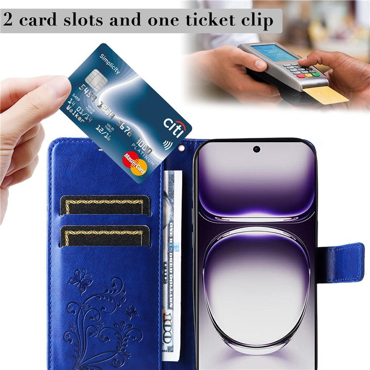 KT Imprinting Flower Series-2 For Oppo Reno12 5G (Global) Phone Case Butterfly Imprint Leather Wallet Cover - Blue