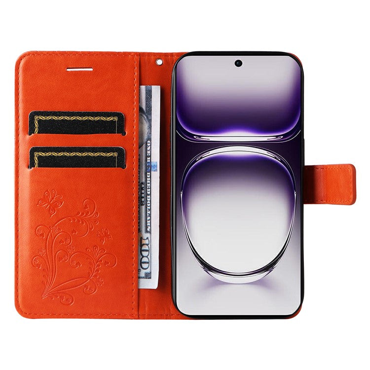 KT Imprinting Flower Series-2 For Oppo Reno12 5G (Global) Phone Case Butterfly Imprint Leather Wallet Cover - Orange