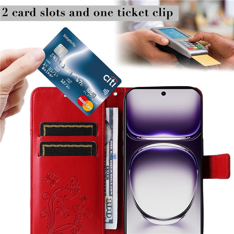 KT Imprinting Flower Series-2 For Oppo Reno12 5G (Global) Phone Case Butterfly Imprint Leather Wallet Cover - Red