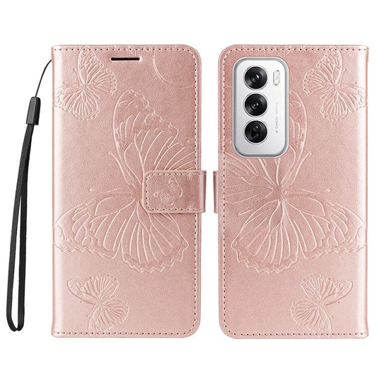 KT Imprinting Flower Series-2 For Oppo Reno12 5G (Global) Phone Case Butterfly Imprint Leather Wallet Cover - Rose Gold