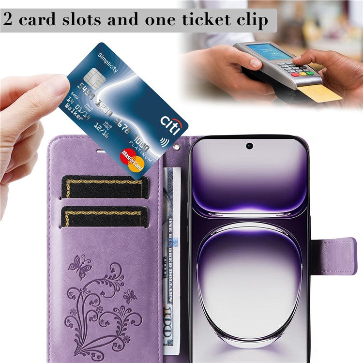KT Imprinting Flower Series-2 For Oppo Reno12 5G (Global) Phone Case Butterfly Imprint Leather Wallet Cover - Light Purple
