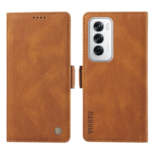 YIKATU YK-005 For Oppo Reno12 5G (Global) Leather Phone Case Side Magnetic Clasps - Brown