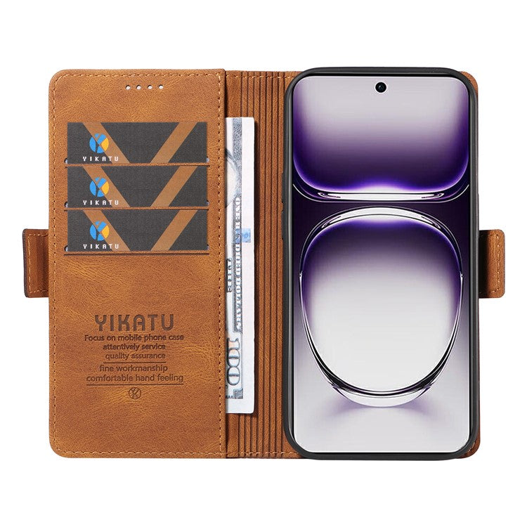 YIKATU YK-005 For Oppo Reno12 5G (Global) Leather Phone Case Side Magnetic Clasps - Brown