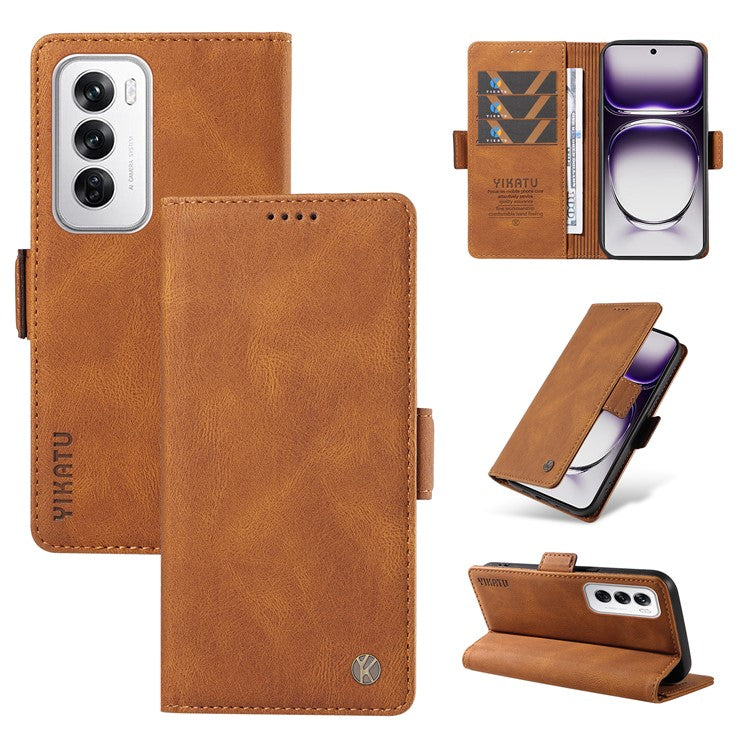 YIKATU YK-005 For Oppo Reno12 5G (Global) Leather Phone Case Side Magnetic Clasps - Brown