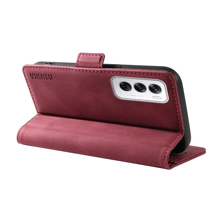 YIKATU YK-005 For Oppo Reno12 5G (Global) Leather Phone Case Side Magnetic Clasps - Wine Red
