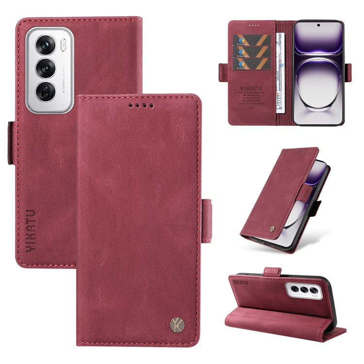 YIKATU YK-005 For Oppo Reno12 5G (Global) Leather Phone Case Side Magnetic Clasps - Wine Red
