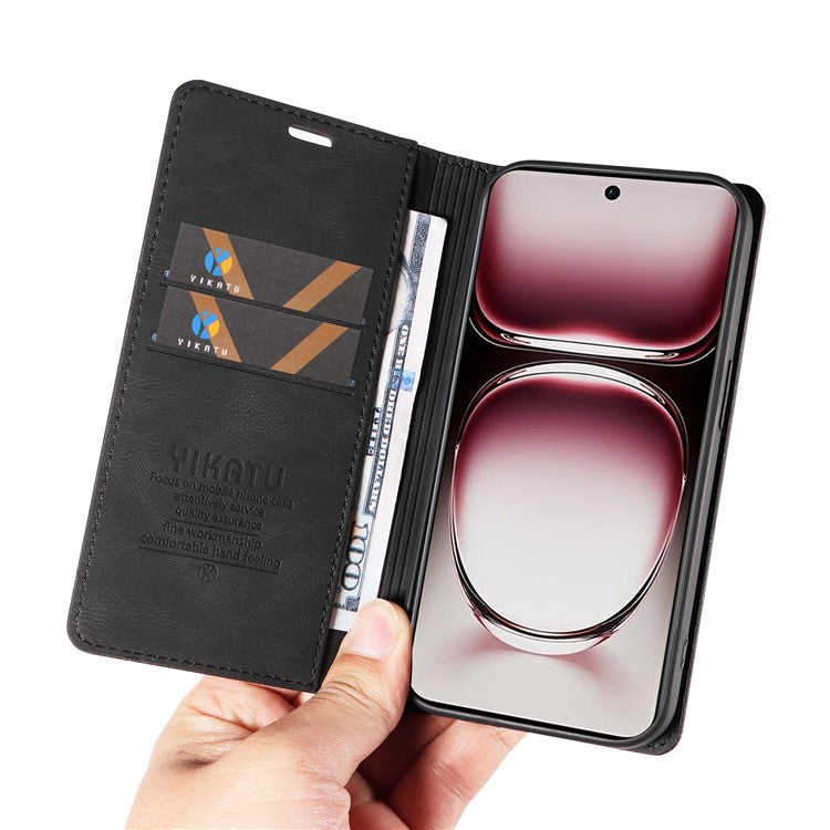 YIKATU YK-004 For Oppo Reno12 Pro 5G (Global) / (China) Wallet Phone Case Skin-Touch Leather Cover - Black