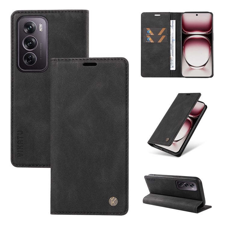 YIKATU YK-004 For Oppo Reno12 Pro 5G (Global) / (China) Wallet Phone Case Skin-Touch Leather Cover - Black