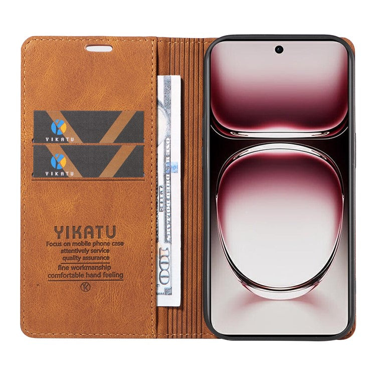 YIKATU YK-004 For Oppo Reno12 Pro 5G (Global) / (China) Wallet Phone Case Skin-Touch Leather Cover - Brown