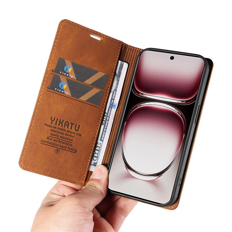 YIKATU YK-004 For Oppo Reno12 Pro 5G (Global) / (China) Wallet Phone Case Skin-Touch Leather Cover - Brown