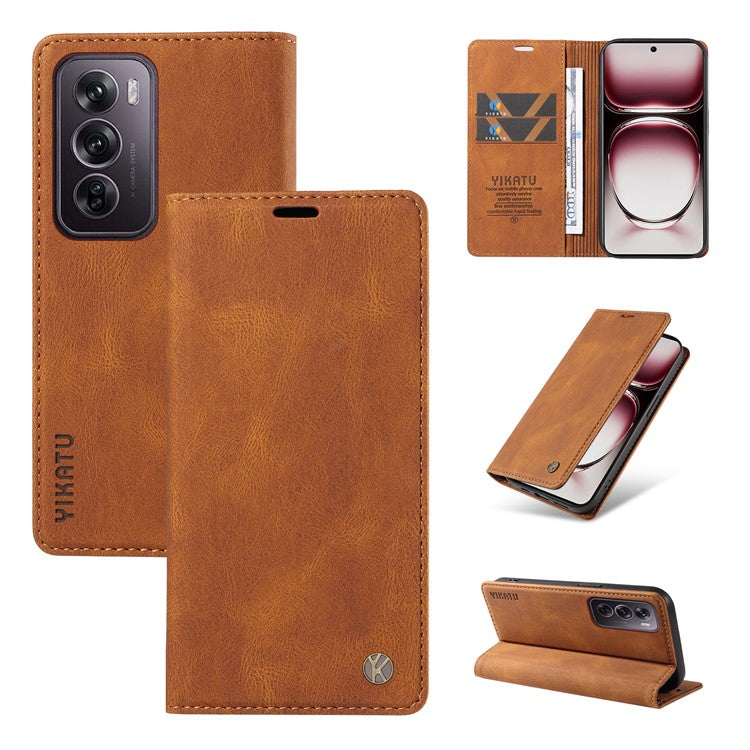 YIKATU YK-004 For Oppo Reno12 Pro 5G (Global) / (China) Wallet Phone Case Skin-Touch Leather Cover - Brown