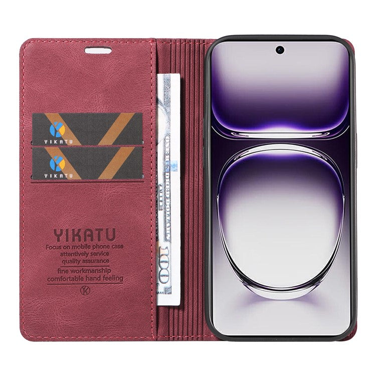 YIKATU YK-004 For Oppo Reno12 5G (Global) Wallet Case Skin-Touch Leather Phone Cover - Wine Red