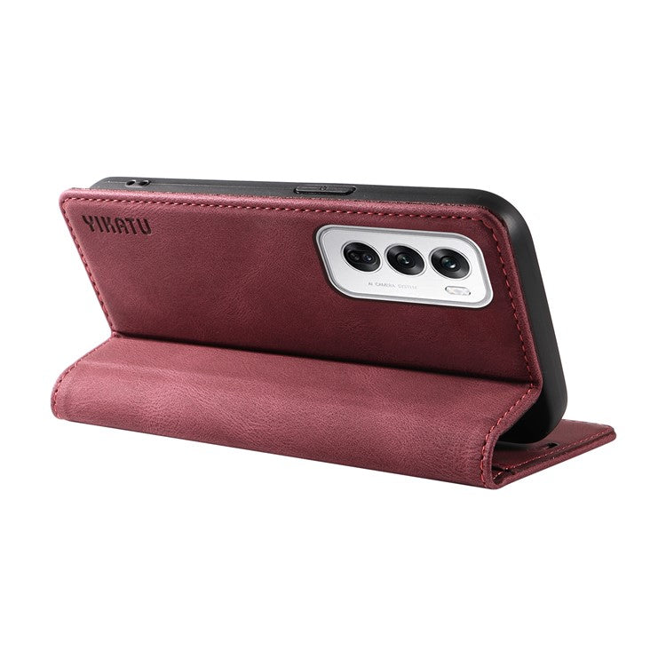 YIKATU YK-004 For Oppo Reno12 5G (Global) Wallet Case Skin-Touch Leather Phone Cover - Wine Red