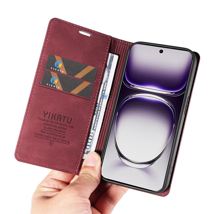 YIKATU YK-004 For Oppo Reno12 5G (Global) Wallet Case Skin-Touch Leather Phone Cover - Wine Red