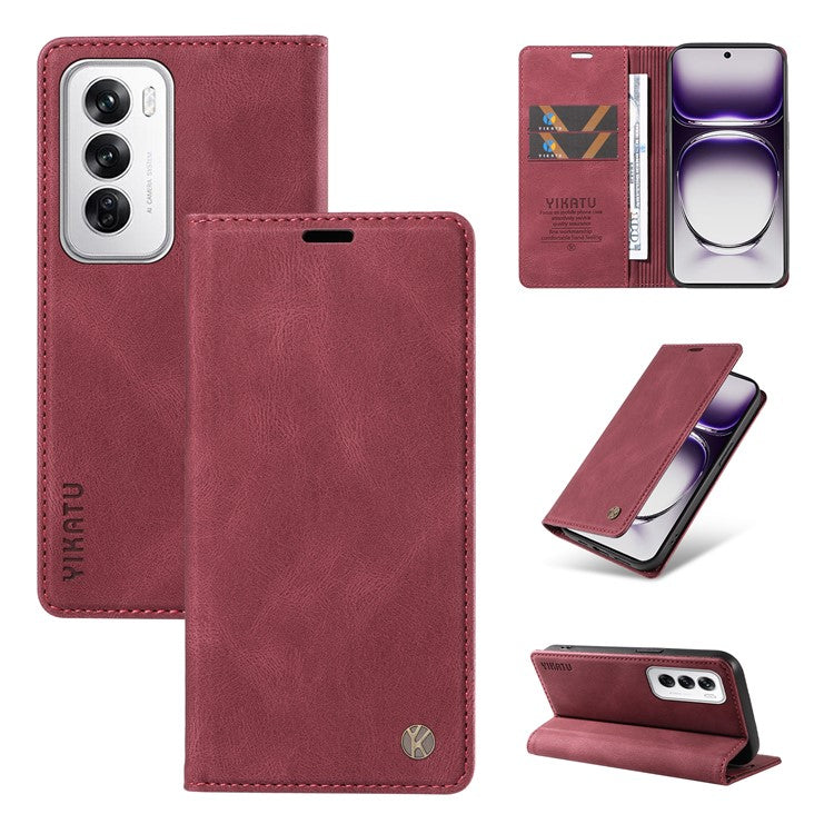 YIKATU YK-004 For Oppo Reno12 5G (Global) Wallet Case Skin-Touch Leather Phone Cover - Wine Red
