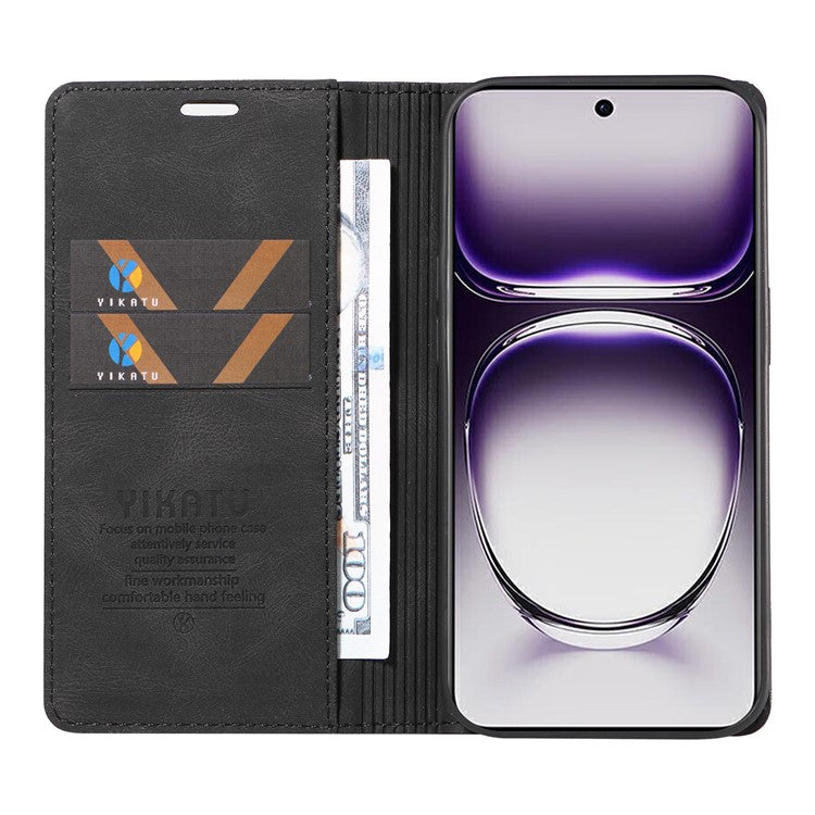 YIKATU YK-004 For Oppo Reno12 5G (Global) Wallet Case Skin-Touch Leather Phone Cover - Black