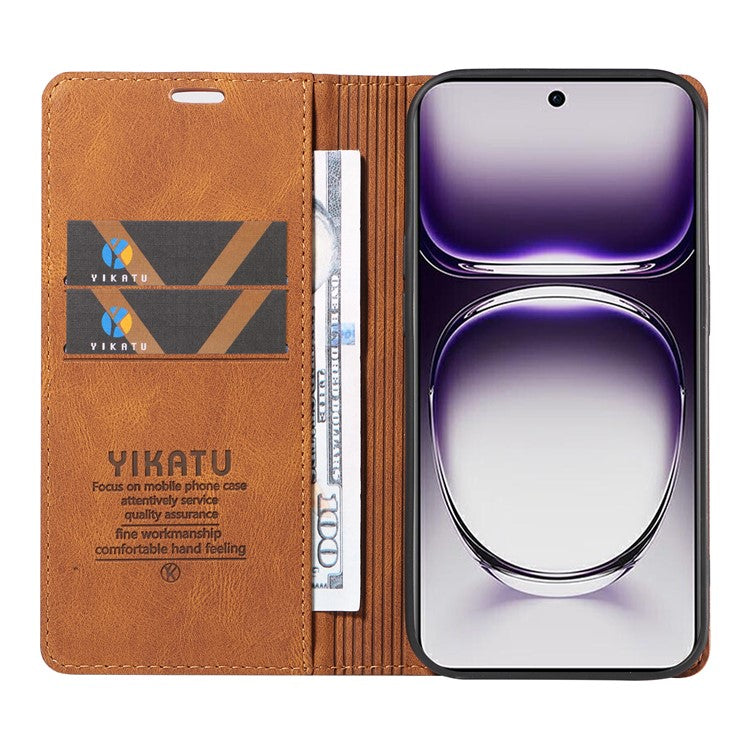YIKATU YK-004 For Oppo Reno12 5G (Global) Wallet Case Skin-Touch Leather Phone Cover - Brown