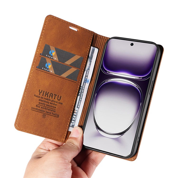 YIKATU YK-004 For Oppo Reno12 5G (Global) Wallet Case Skin-Touch Leather Phone Cover - Brown