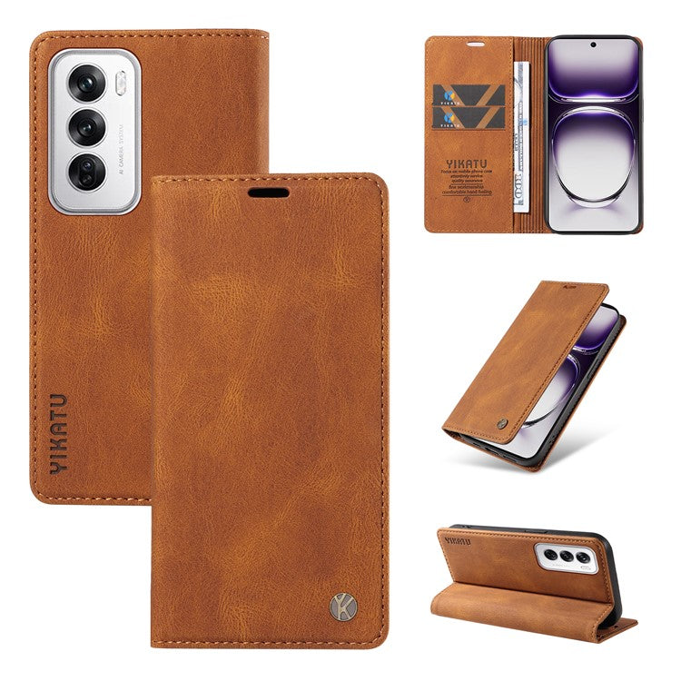 YIKATU YK-004 For Oppo Reno12 5G (Global) Wallet Case Skin-Touch Leather Phone Cover - Brown