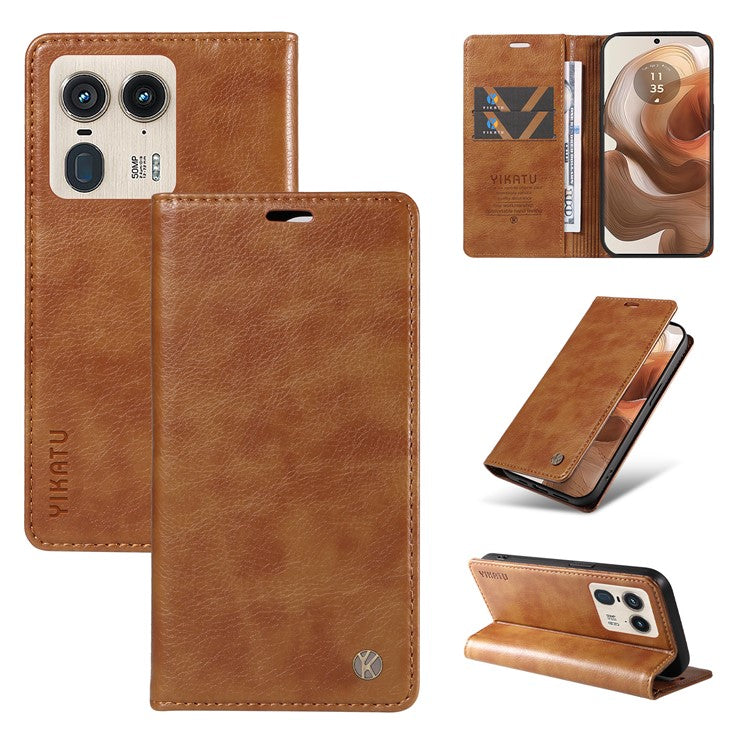 YIKATU YK-006 For Motorola Edge 50 Ultra 5G / Moto X50 Ultra 5G Wallet Case Litchi Texture Leather Phone Cover - Brown