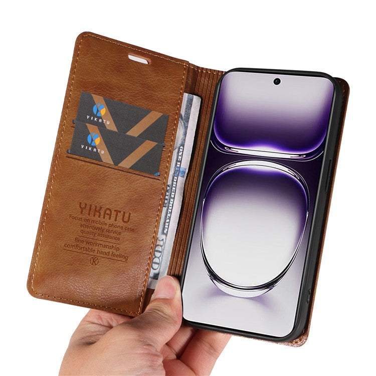 YIKATU YK-006 For Oppo Reno12 5G (Global) Wallet Case Litchi Texture Leather Phone Cover - Brown