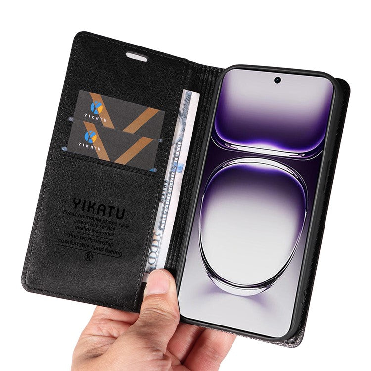YIKATU YK-006 For Oppo Reno12 5G (Global) Wallet Case Litchi Texture Leather Phone Cover - Black