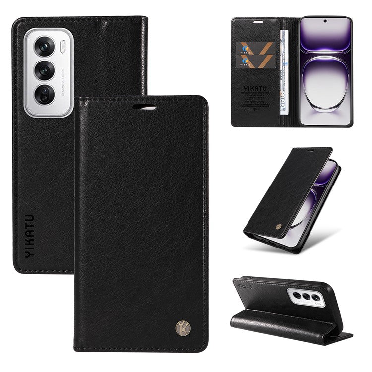 YIKATU YK-006 For Oppo Reno12 5G (Global) Wallet Case Litchi Texture Leather Phone Cover - Black