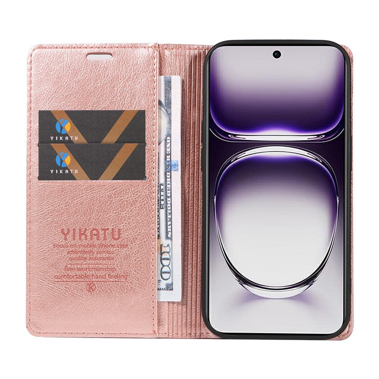 YIKATU YK-006 For Oppo Reno12 5G (Global) Wallet Case Litchi Texture Leather Phone Cover - Rose Gold