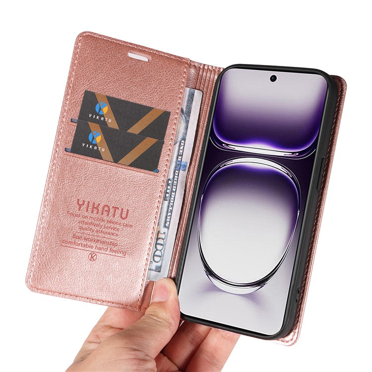 YIKATU YK-006 For Oppo Reno12 5G (Global) Wallet Case Litchi Texture Leather Phone Cover - Rose Gold